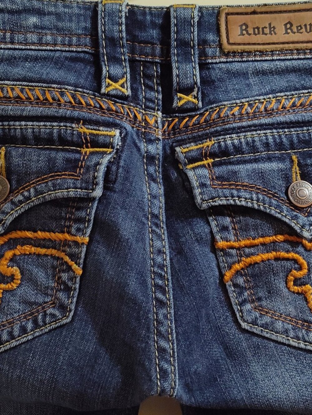 Rock Revival Jessica Bootcut Jeans Size 26 Embroidered Fleur de Lis Bronze Tone